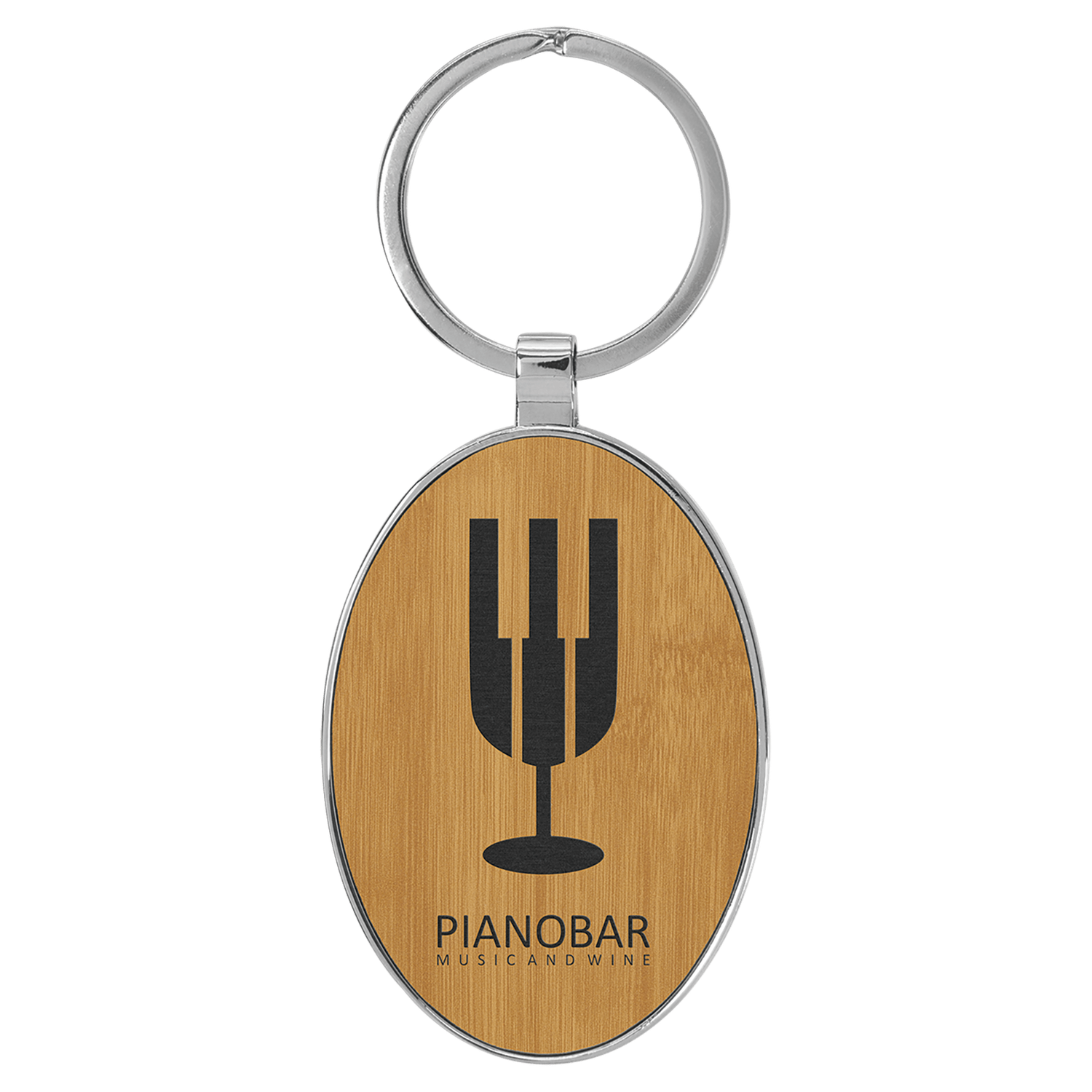 Bamboo Leatherette Oval Keychain with Metal Frame