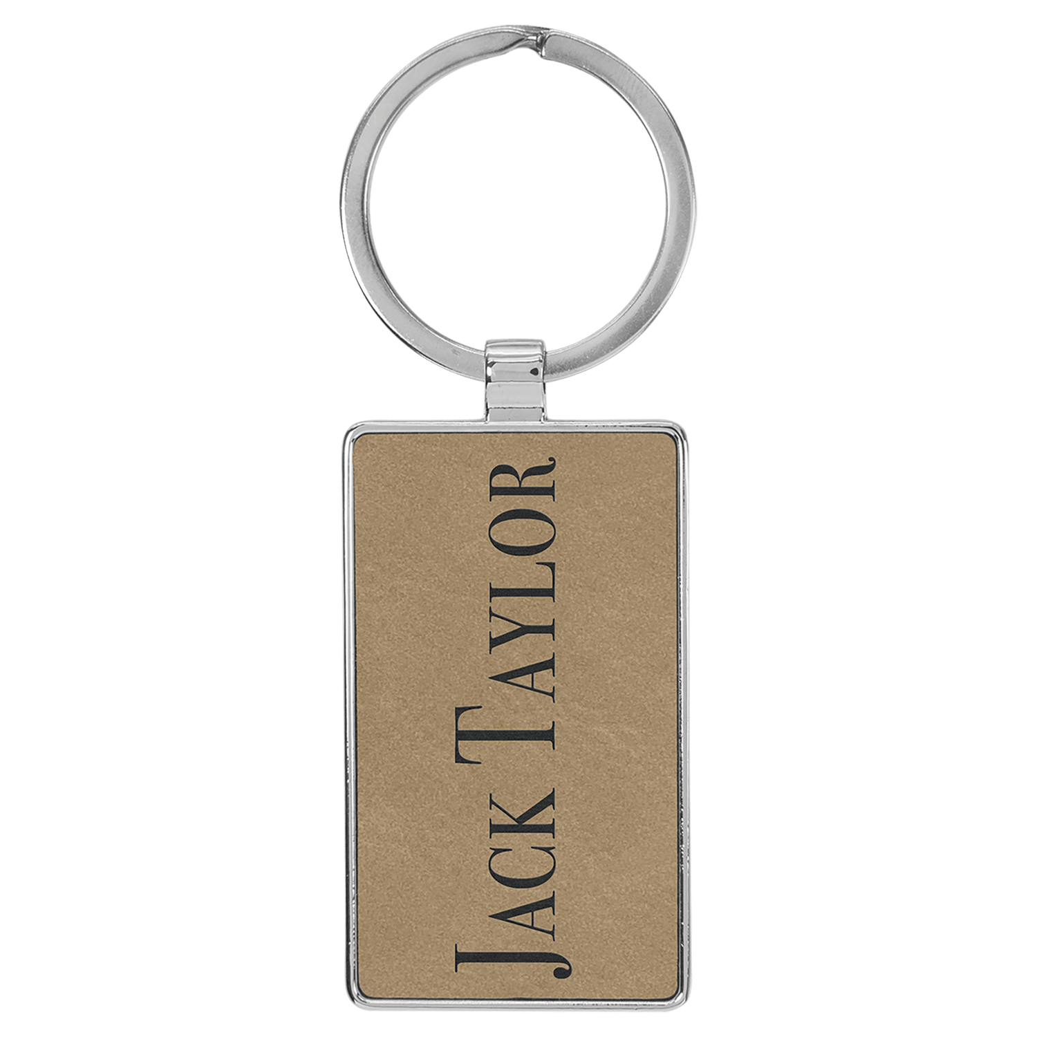 Light Brown Leatherette Rectangle Keychain with Metal Frame