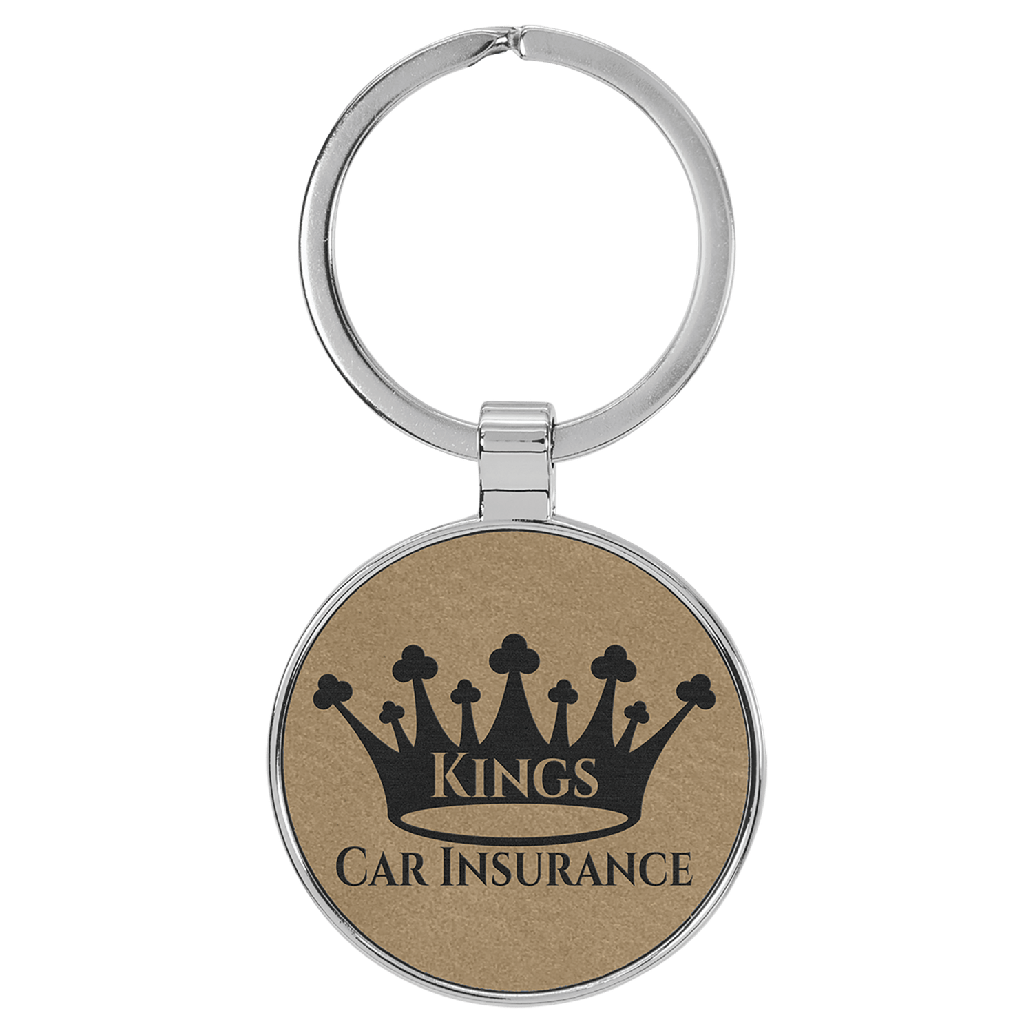 Light Brown Leatherette Round Keychain with Metal Frame
