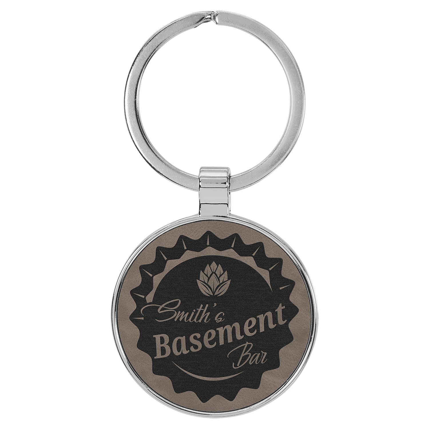 Gray Leatherette Round Keychain with Metal Frame
