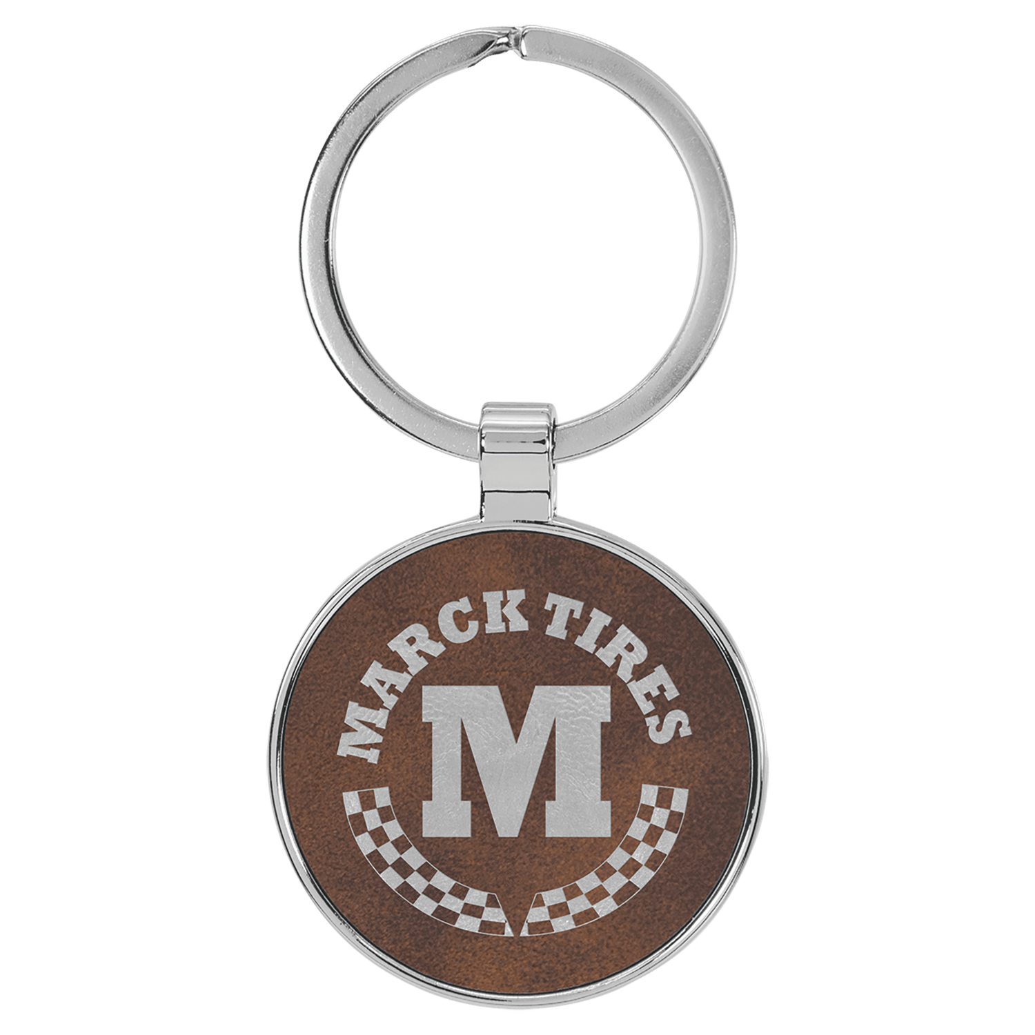 Rustic/Silver Leatherette Round Keychain with Metal Frame