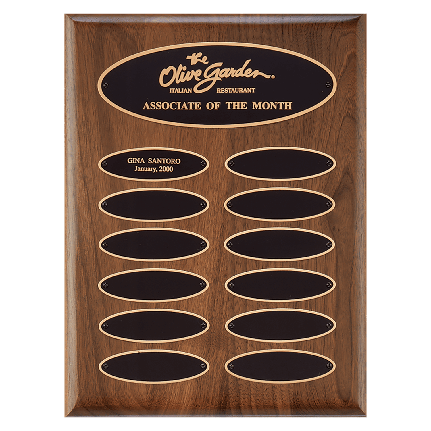 American Walnut 12 Plate Perpetual Plaque with Black Brass Elliptical Plates