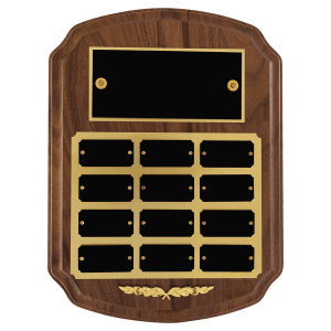 American Walnut 12 Plate Perpetual Plaque with Black Brass Plates/Gold Trim