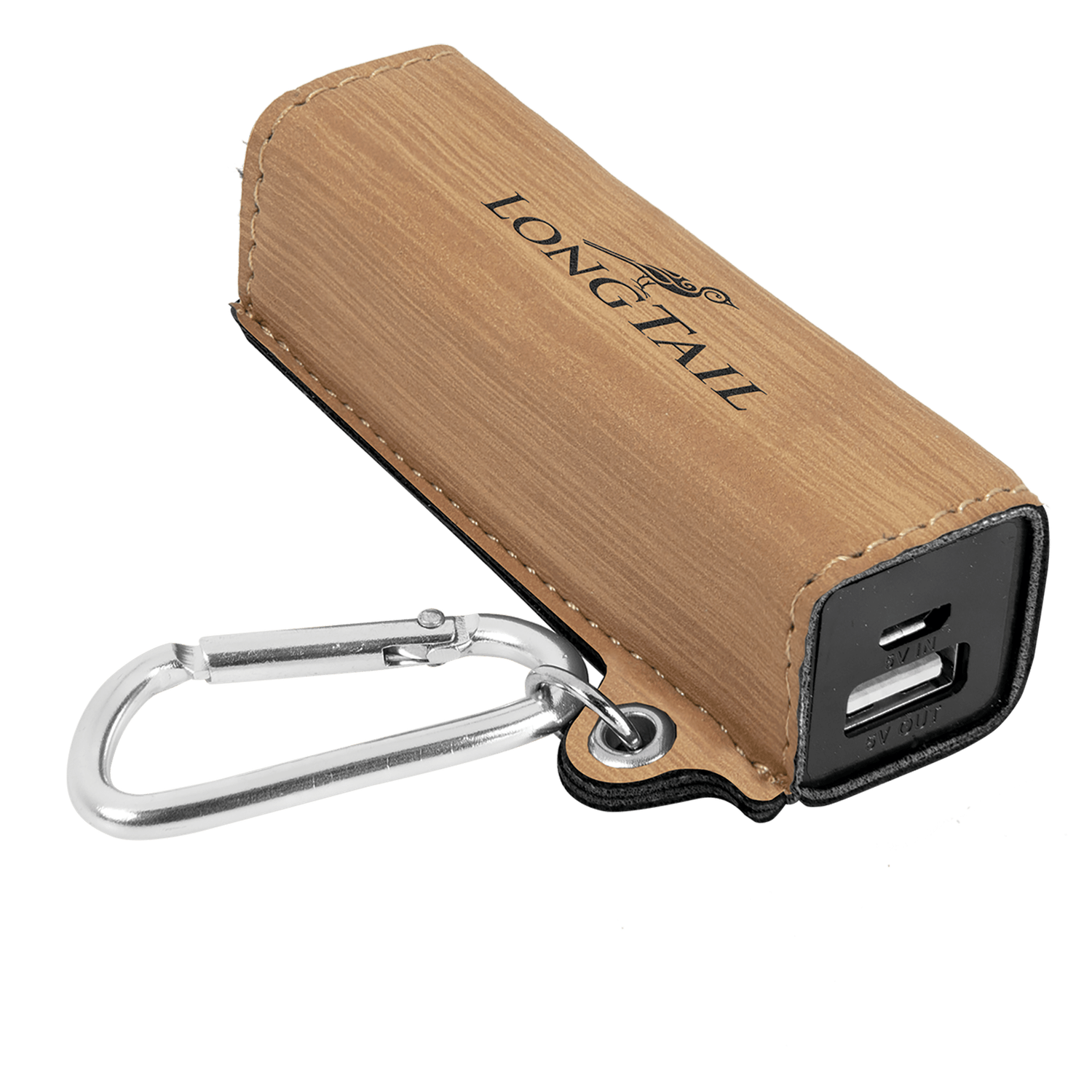 Bamboo Leatherette Power Bank with Charging Cord and Carabiner