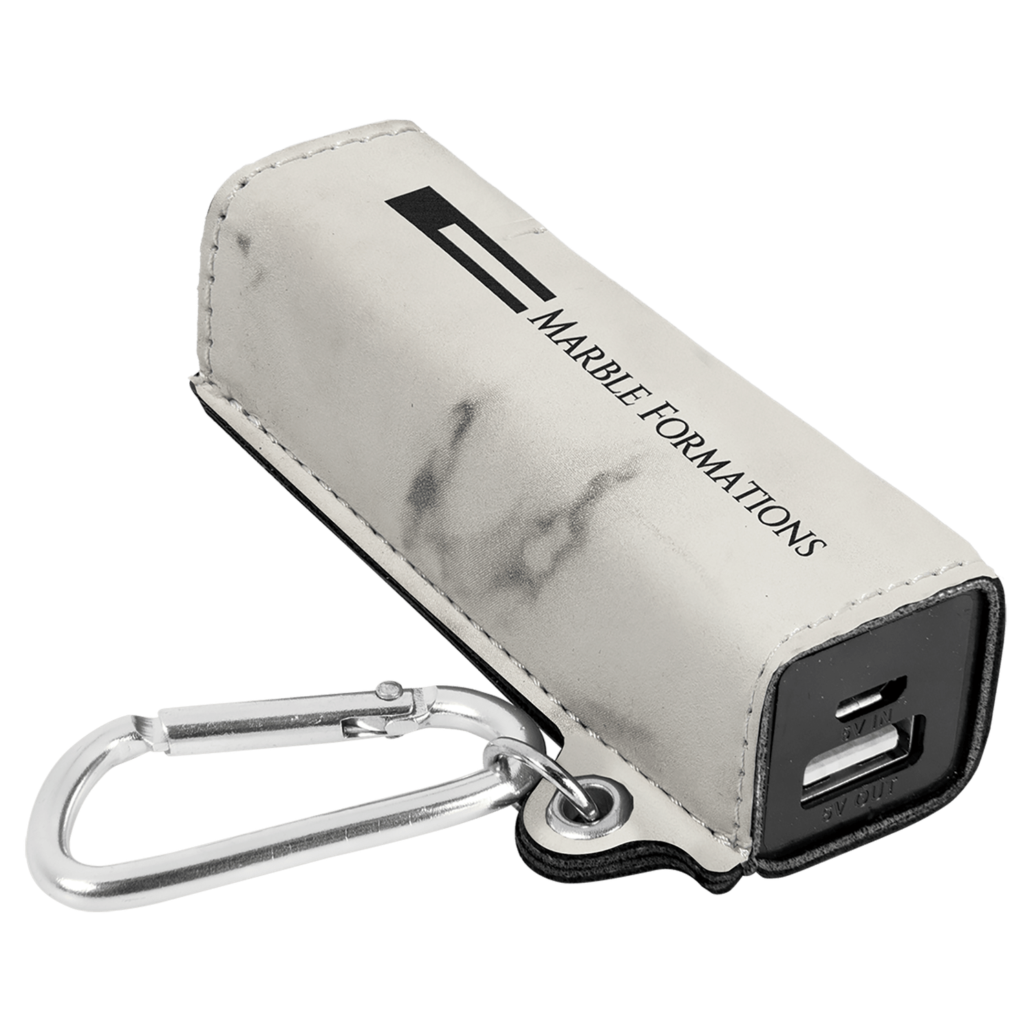 White Marble Leatherette Power Bank with Charging Cord and Carabiner