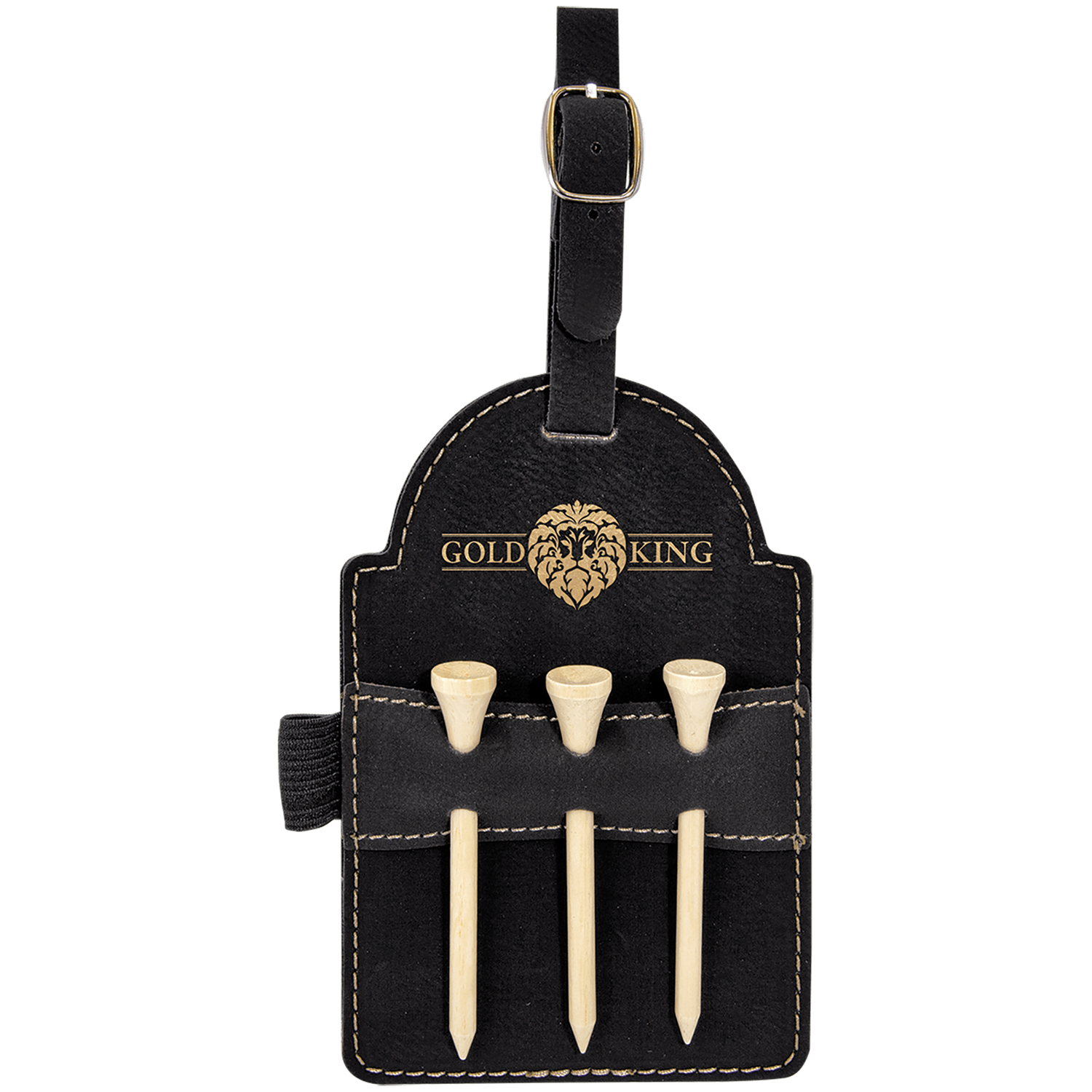 Black/Gold Leatherette Golf Bag Tag with Wooden Tees
