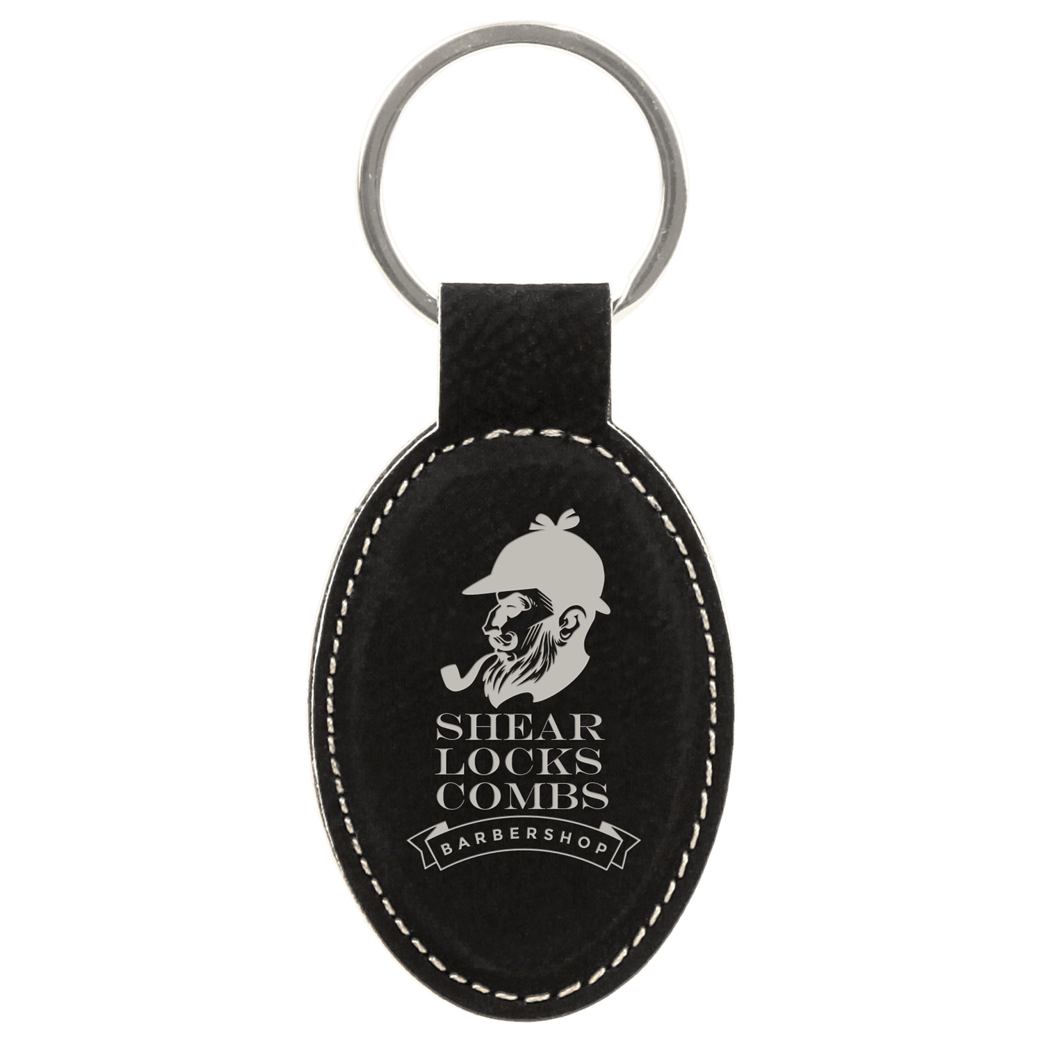 Black/Silver Leatherette Oval Keychain