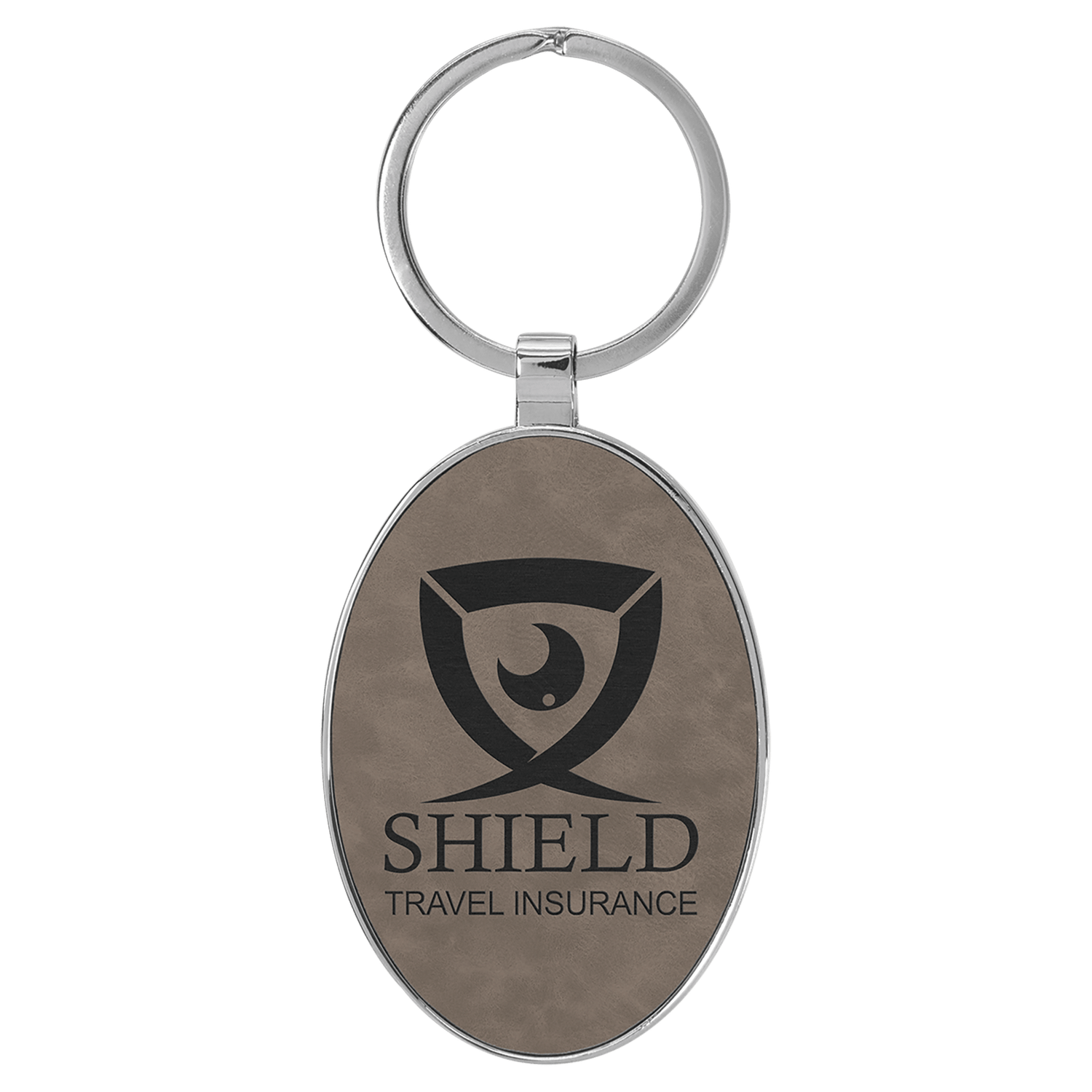 Gray Leatherette Oval Keychain with Metal Frame