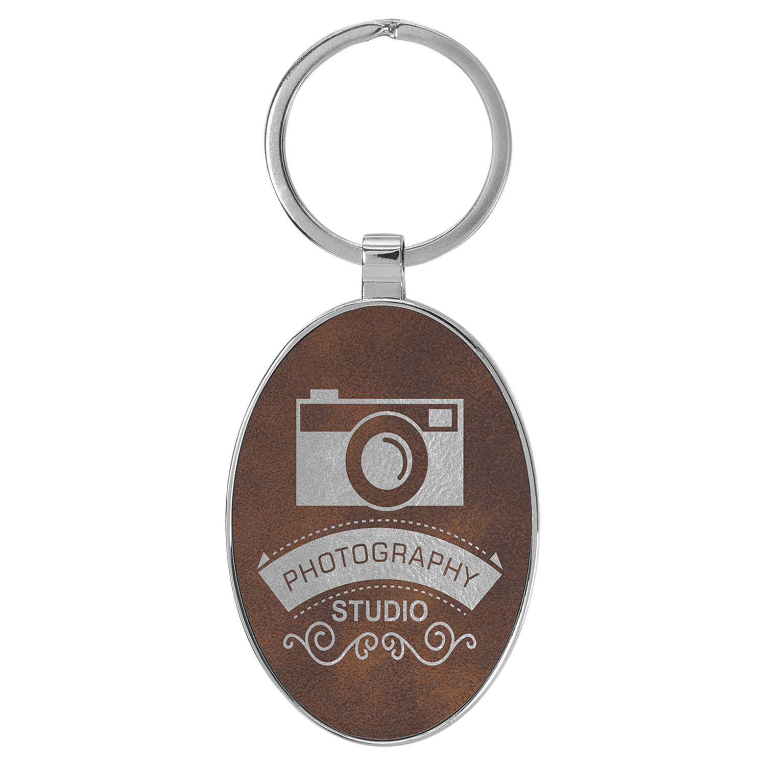 Rustic/Silver Leatherette Oval Keychain with Metal Frame