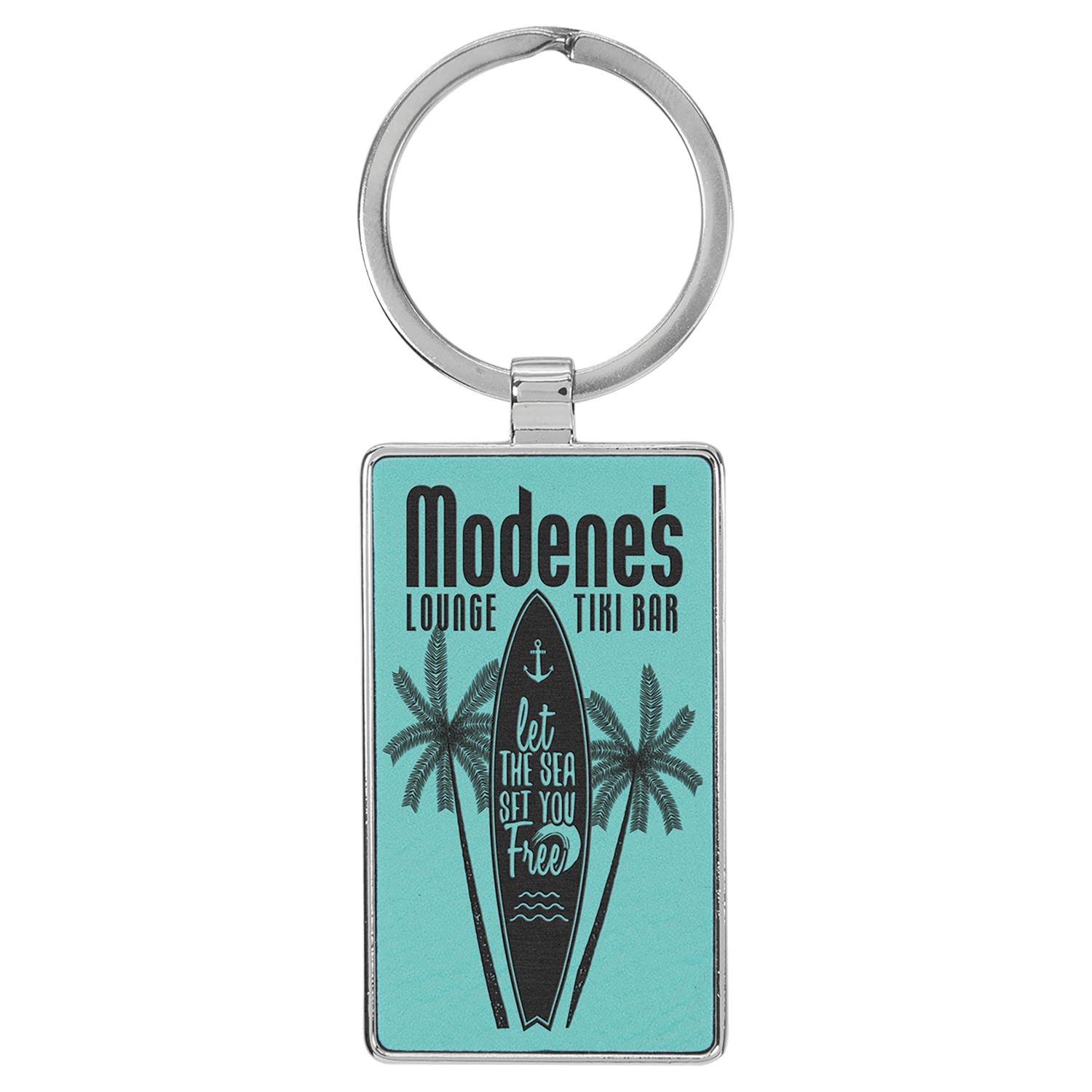 Teal Leatherette Rectangle Keychain with Metal Frame