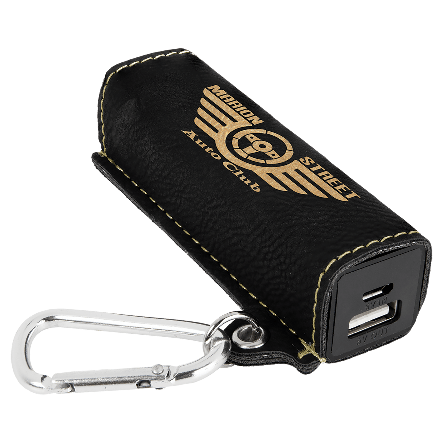 Black/Gold Leatherette Power Bank with Charging Cord and Carabiner