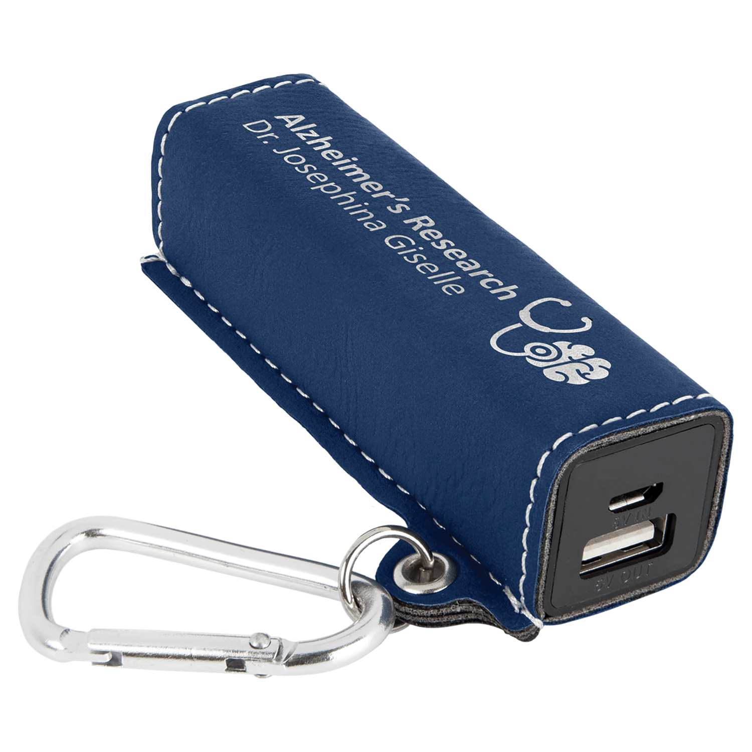 Blue/Silver Leatherette Power Bank with Charging Cord and Carabiner