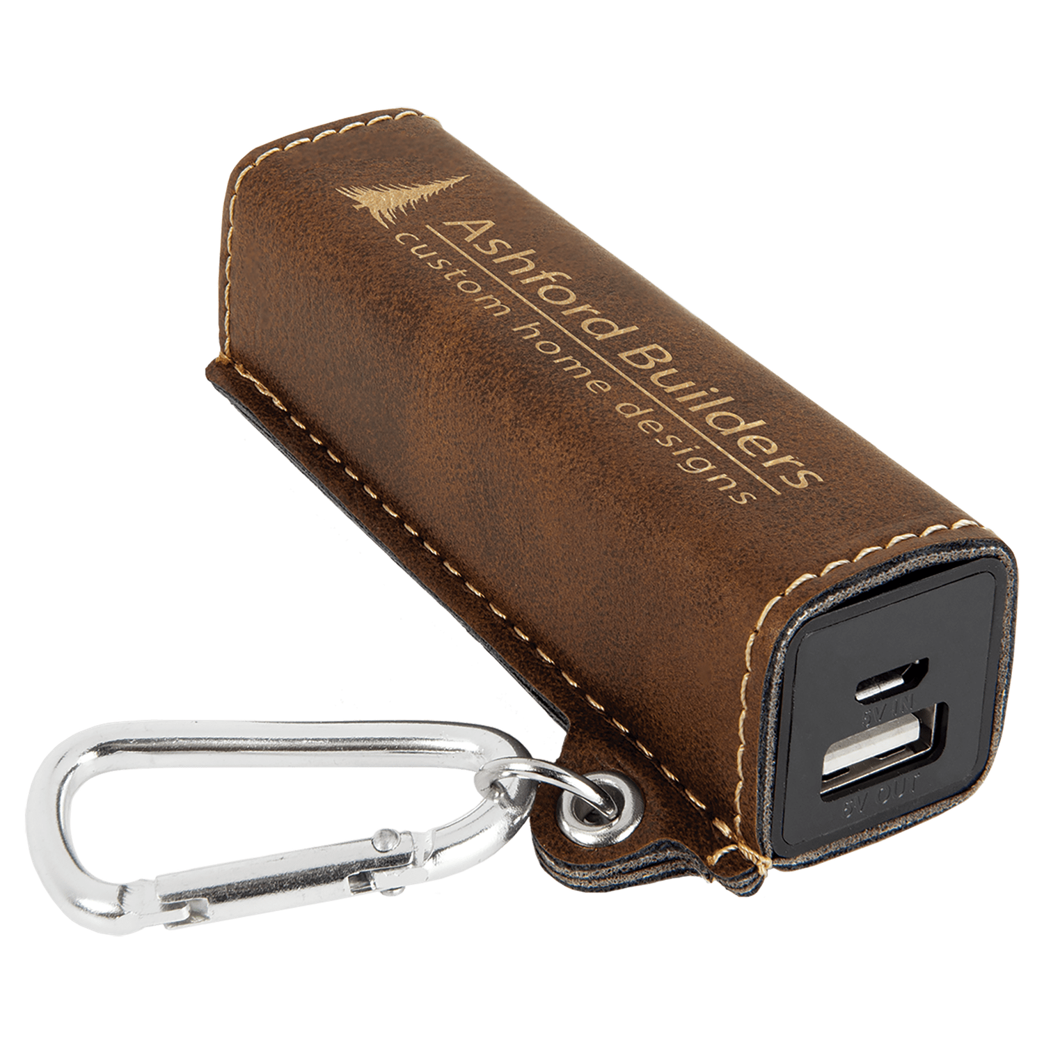 Rustic/Gold Leatherette Power Bank with Charging Cord and Carabiner