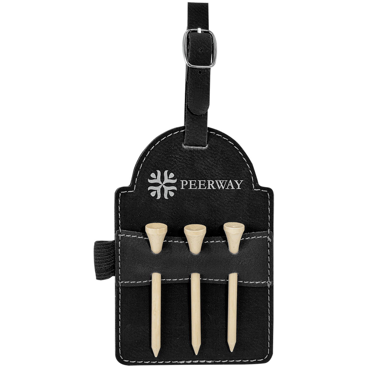 Black/Silver Leatherette Golf Bag Tag with Wooden Tees