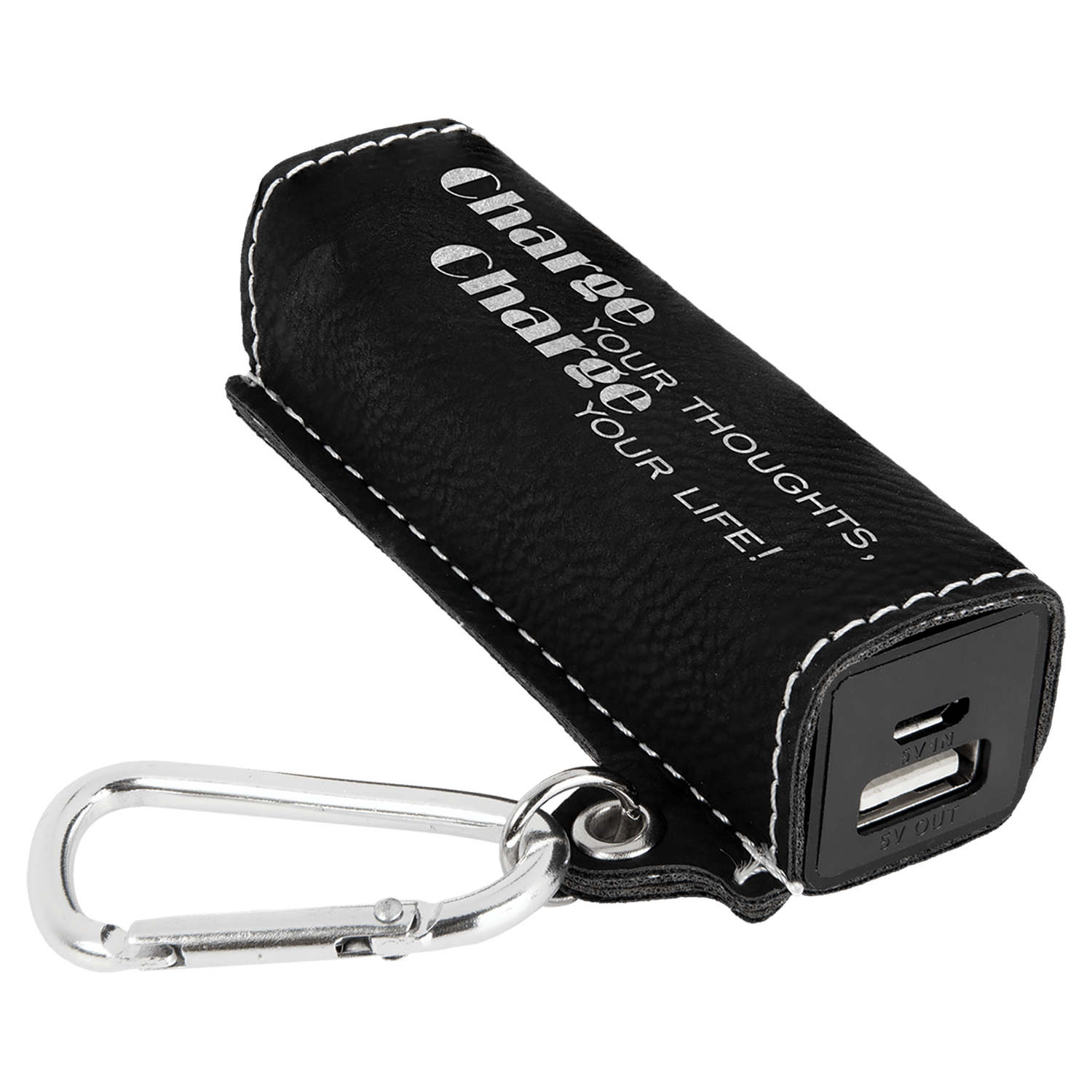 Black/Silver Leatherette Power Bank with Charging Cord and Carabiner