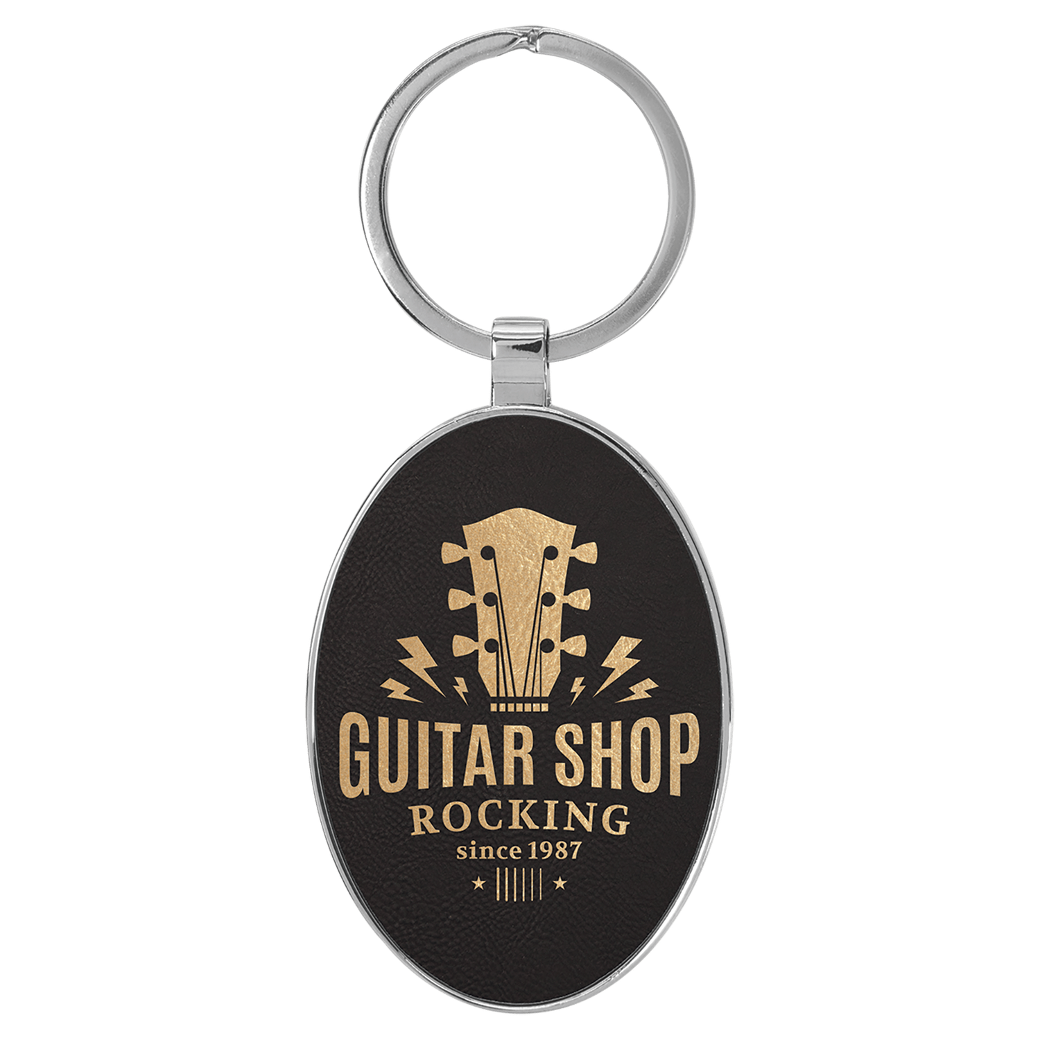Black/Gold Leatherette Oval Keychain with Metal Frame