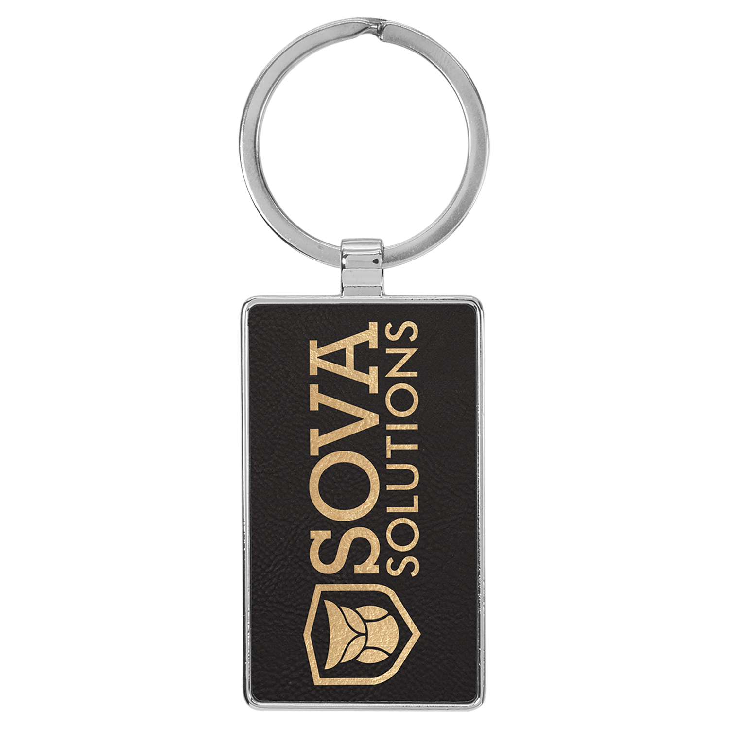 Black/Gold Leatherette Rectangle Keychain with Metal Frame