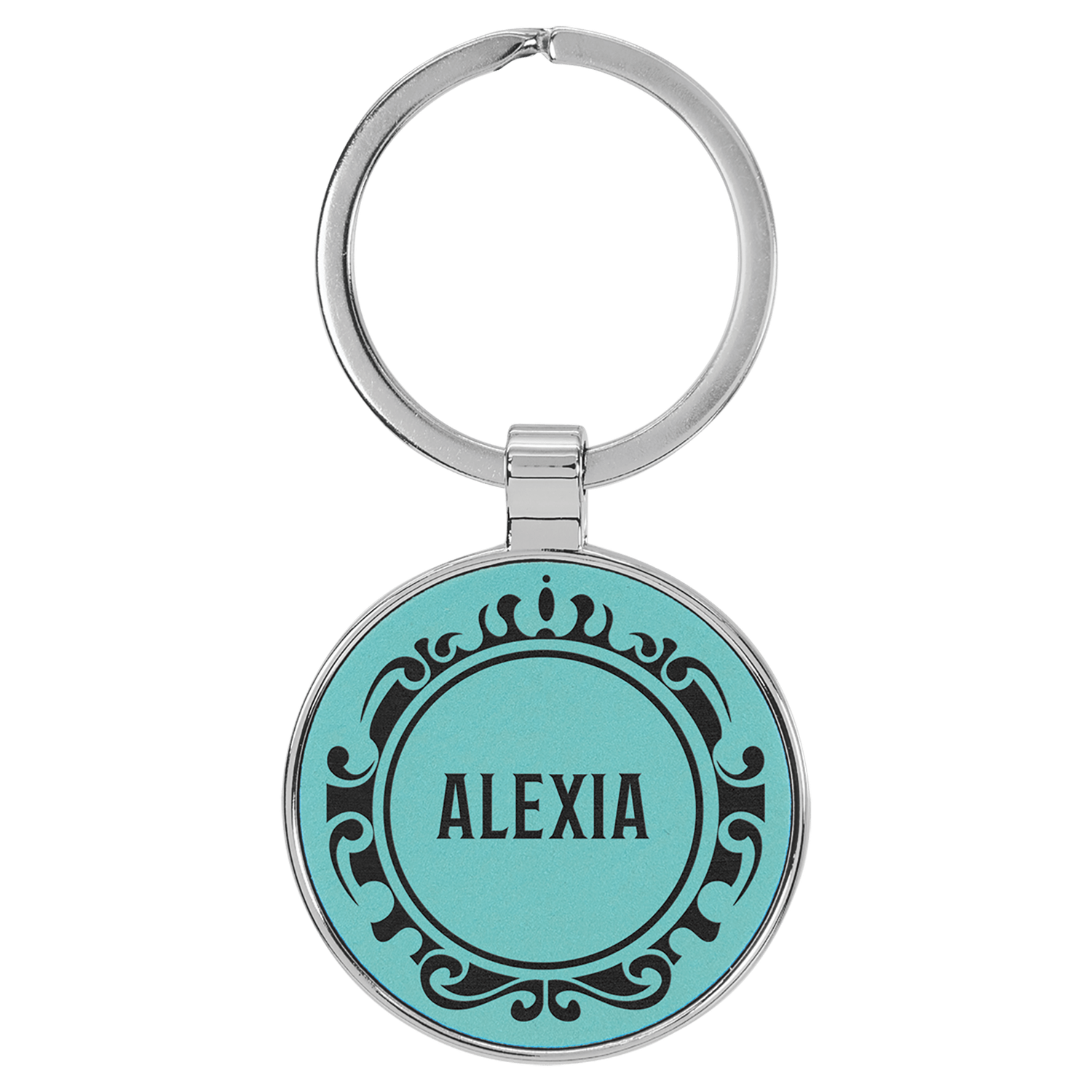 Teal Leatherette Round Keychain with Metal Frame