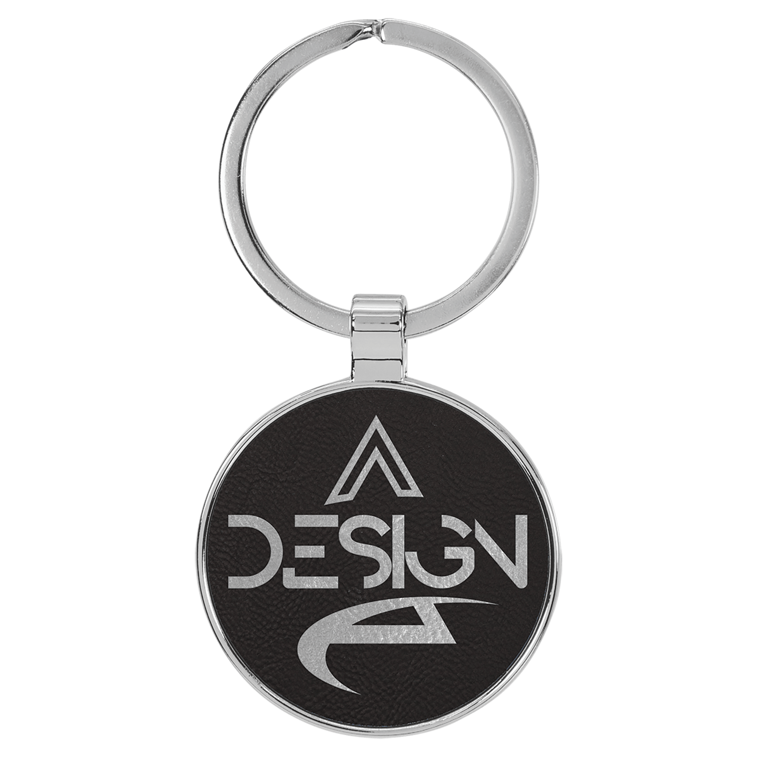 Black/Silver Leatherette Round Keychain with Metal Frame