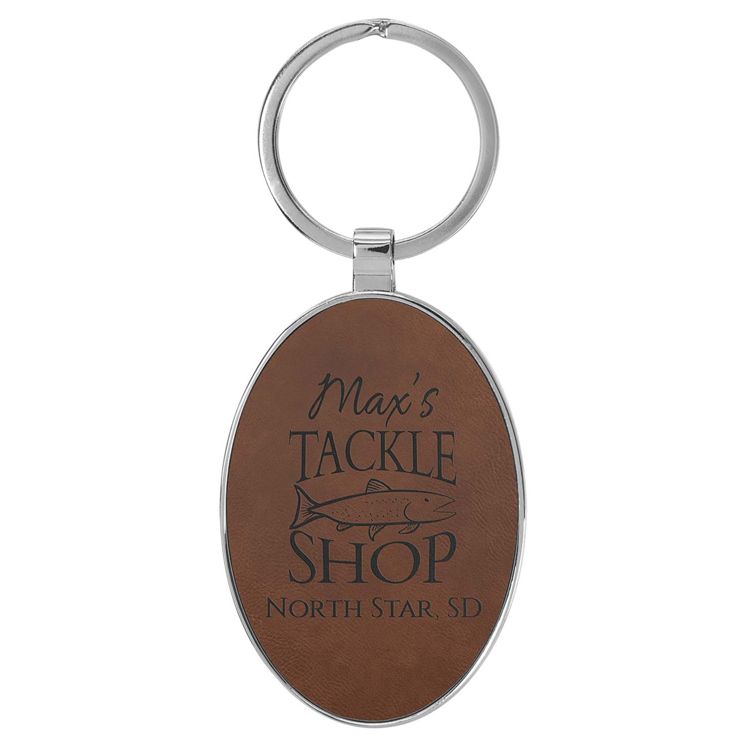 Dark Brown Leatherette Oval Keychain with Metal Frame