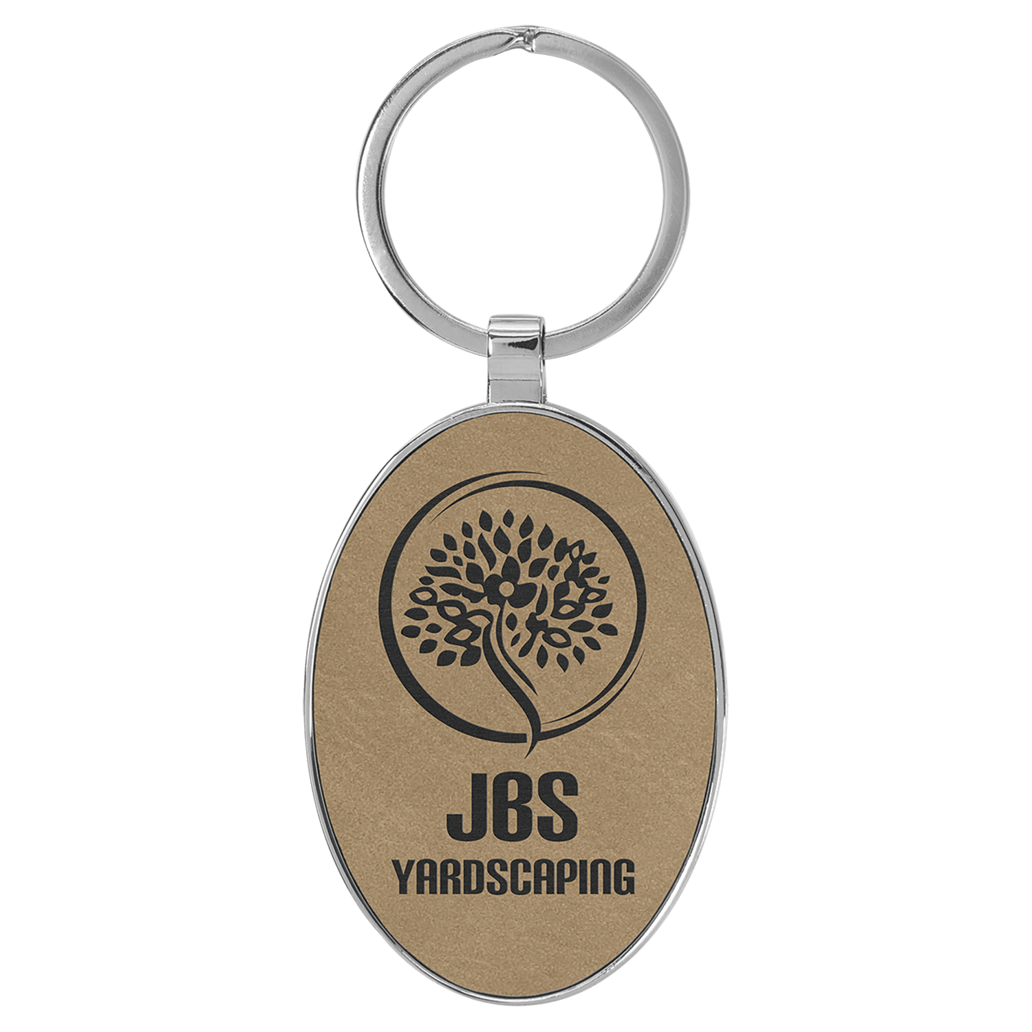 Light Brown Leatherette Oval Keychain with Metal Frame