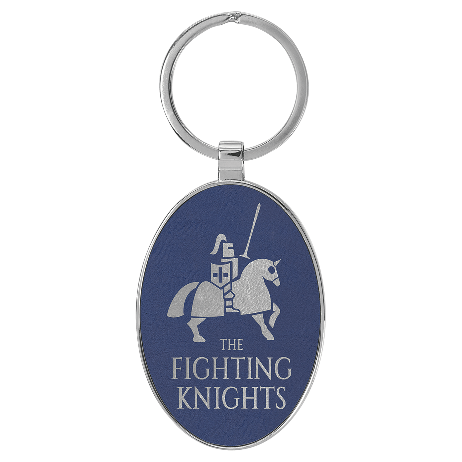 Blue/Silver Leatherette Oval Keychain with Metal Frame