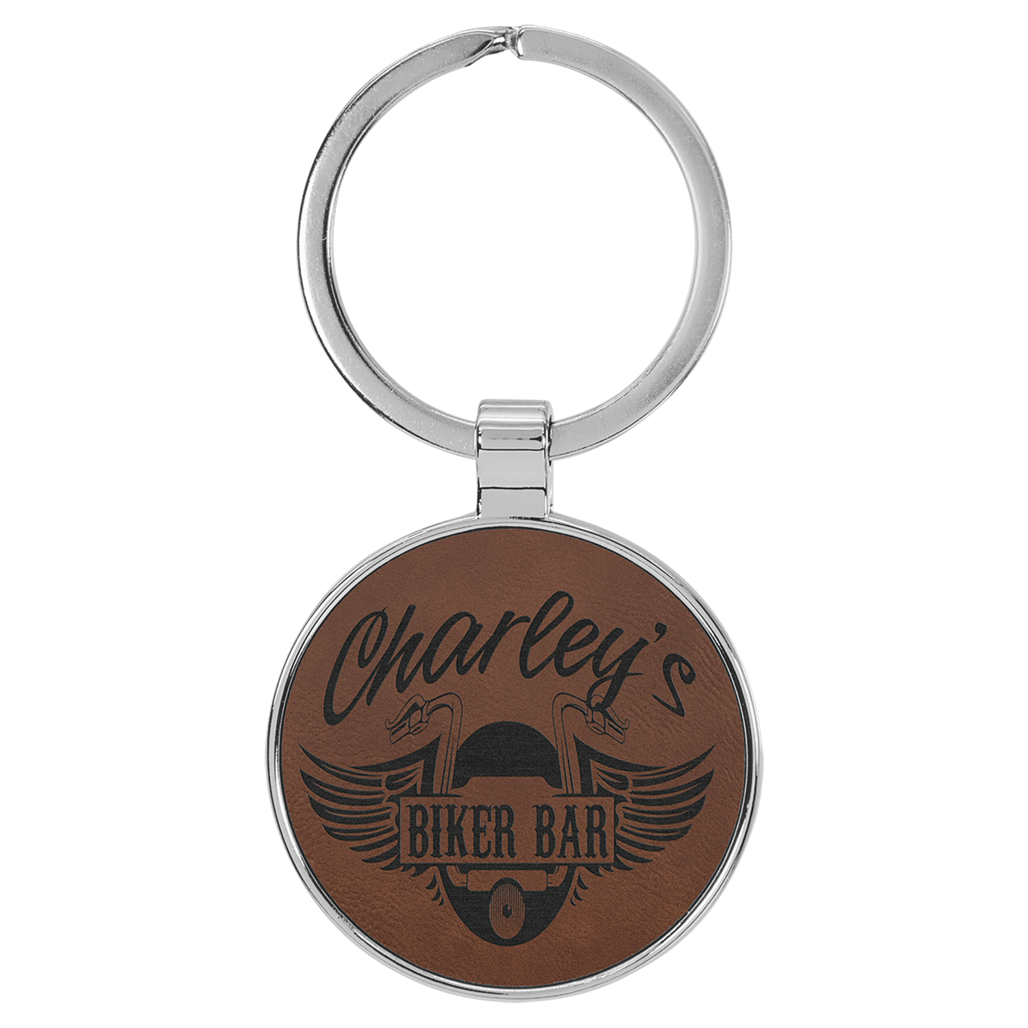 Dark Brown Leatherette Round Keychain with Metal Frame
