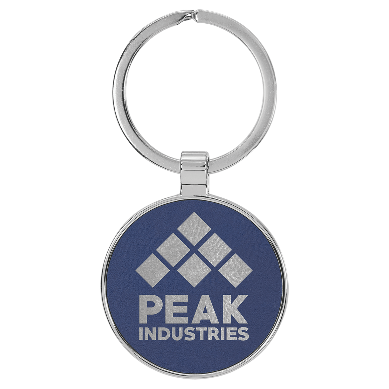 Blue/Silver Leatherette Round Keychain with Metal Frame