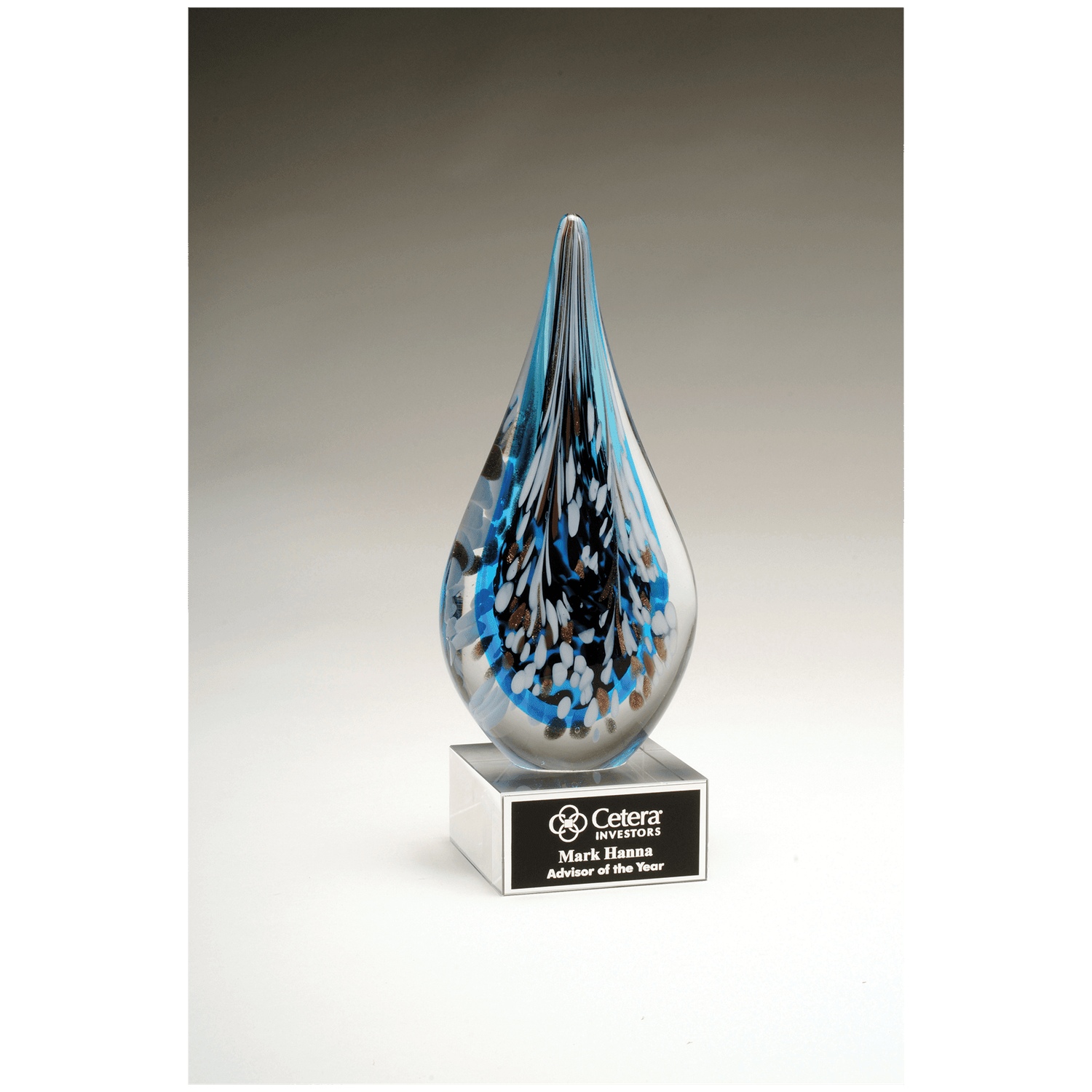 Multi-Colored Teardrop Art Glass with Black Laserable Aluminum Plate