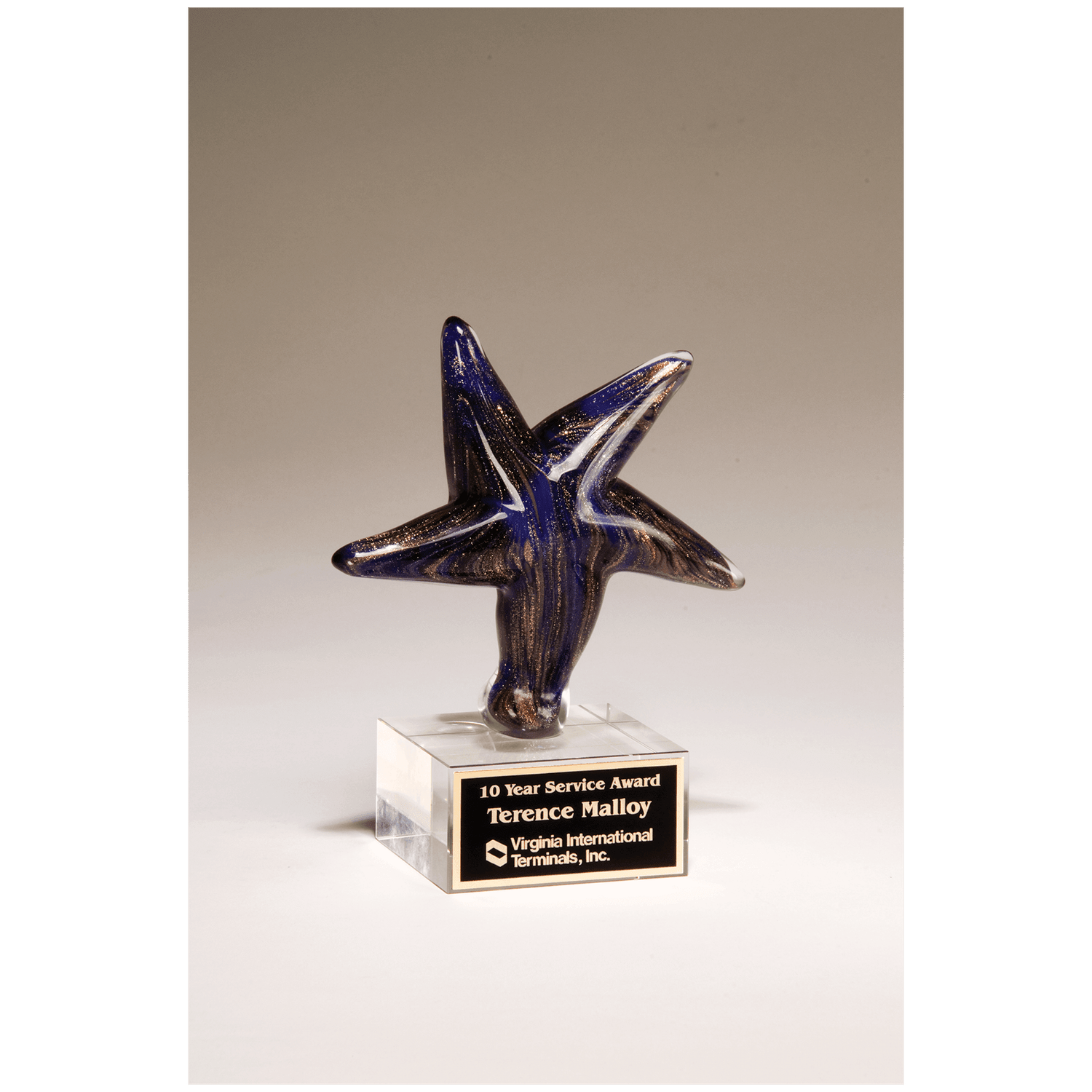 Blue Star Art Glass w/Gold Metallic Highlights &amp; Black Laserable Aluminum Plate
