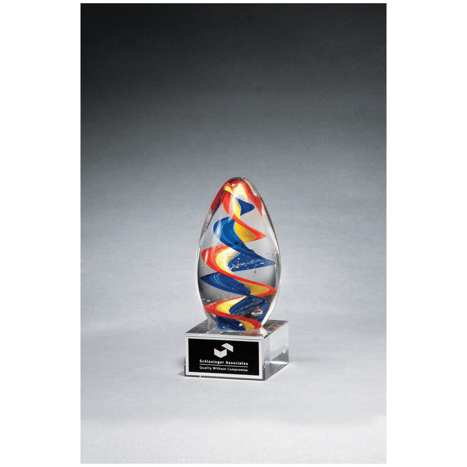 Colorful Egg Shaped Art Glass with Black Laserable Aluminum Plate