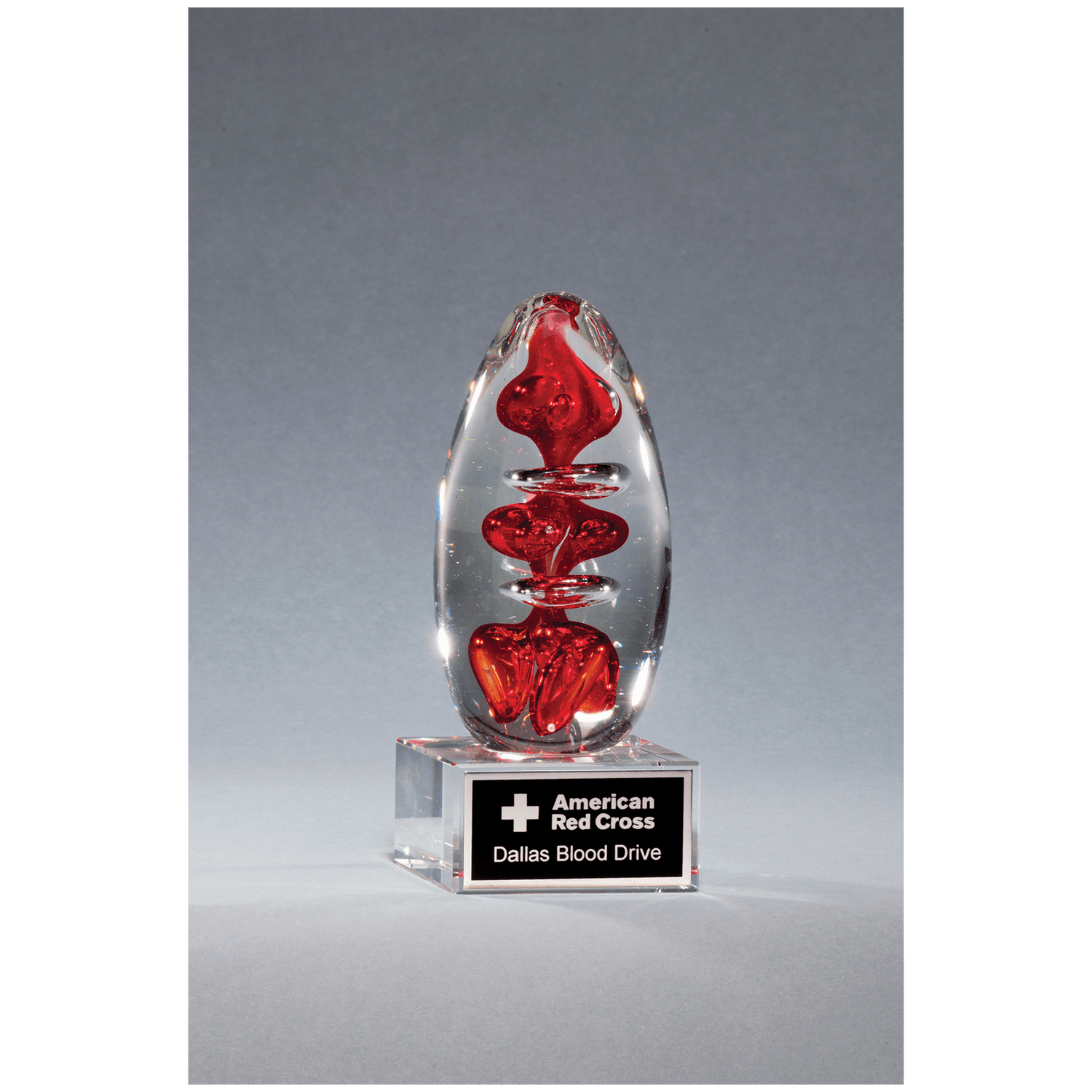 Red Egg Shaped Art Glass with Black Laserable Aluminum Plate