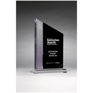 Digitally Printed Brushed Silver Accent on Black Upright with Clear Base