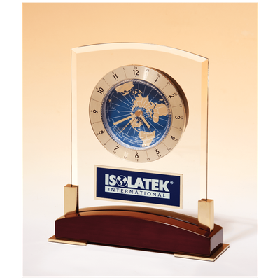 Glass Clock with World Time Dial on Piano Finish Base, Black Aluminm Plate