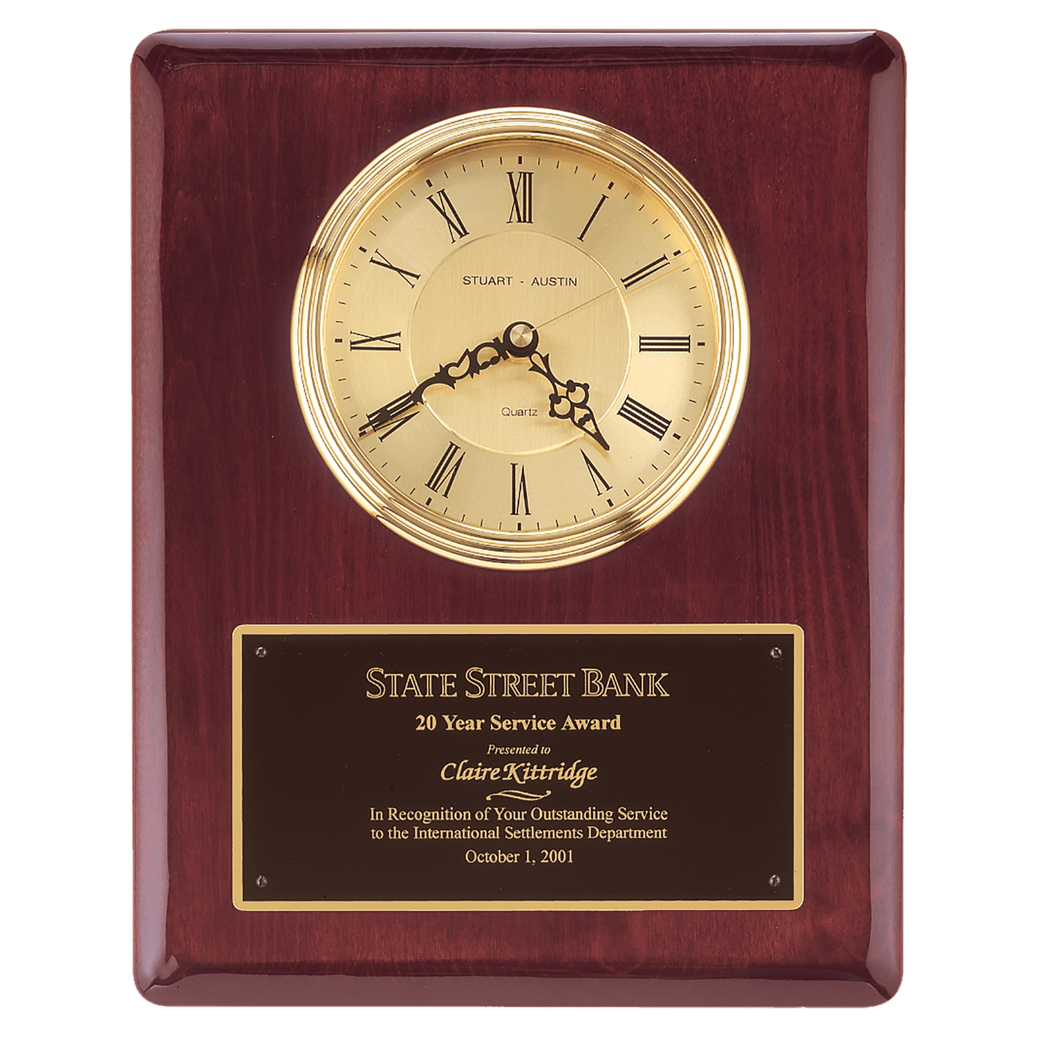 Rosewood Piano Finish Clock, Waterfall Bezel w/Glass Lens, Gold Dial, Plate