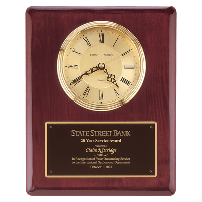 Rosewood Piano Finish Clock, Waterfall Bezel w/Glass Lens, Gold Dial, Plate