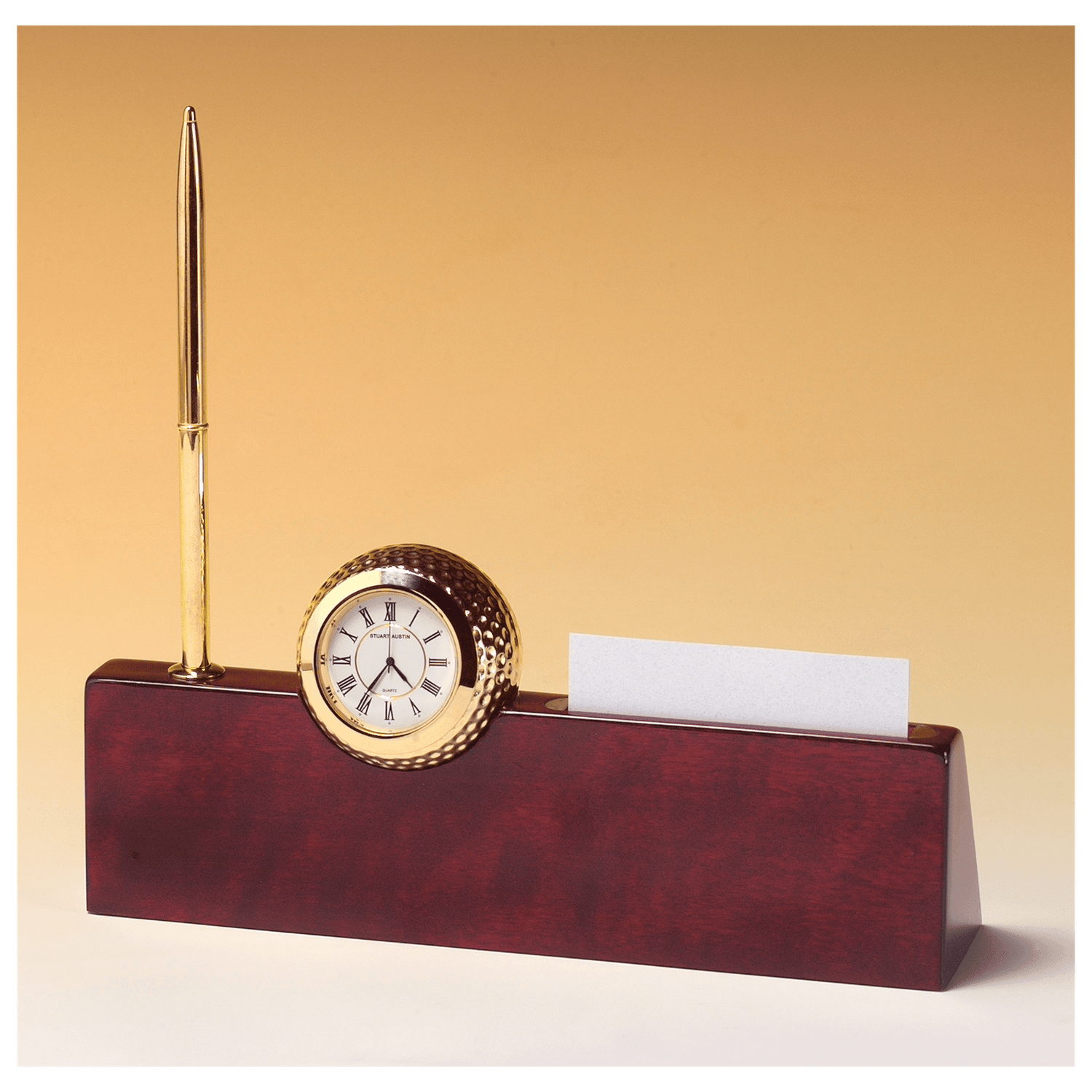 Gold Metal Golfball Clock on Rosewood Piano Nameplate, Business Card Holder, Pen