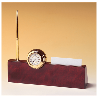 Gold Metal Golfball Clock on Rosewood Piano Nameplate, Business Card Holder, Pen
