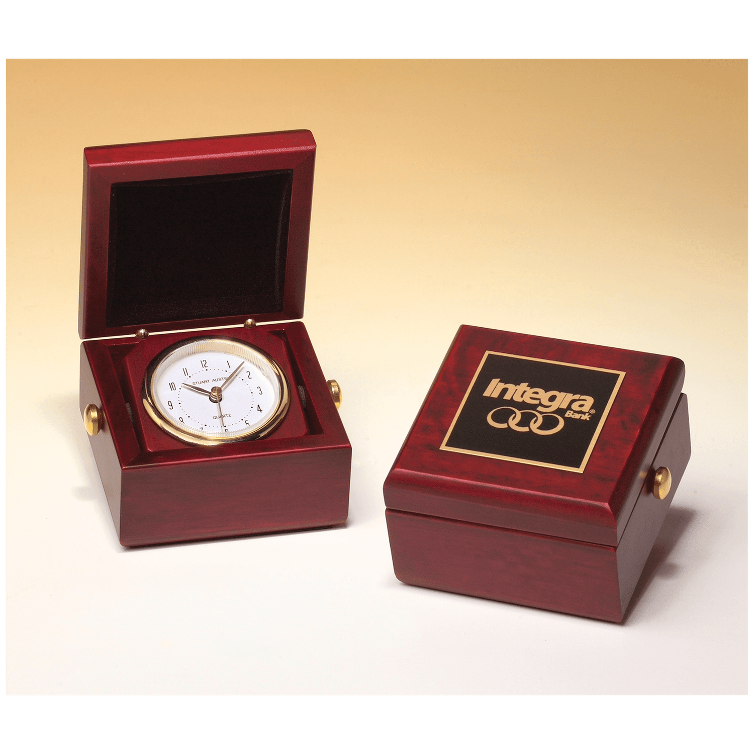 Hand Rubbed Mahogany Finish Box Clock, Metal Goldtone Knobs and Velour Lined Lid