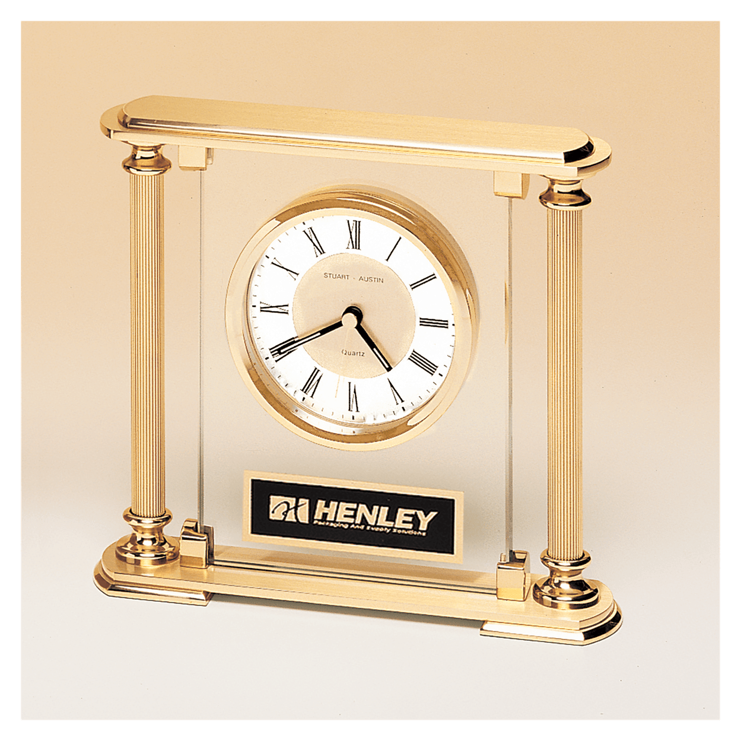 Glass Upright w/Feet &amp; Top, Metal Goldtone Columns, Diamond Spun Dial, 3 Hands