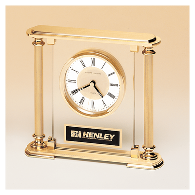Glass Upright w/Feet &amp; Top, Metal Goldtone Columns, Diamond Spun Dial, 3 Hands