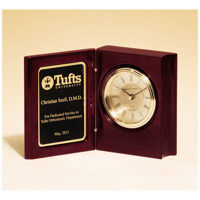 Rosewood Piano Finish Book Clock w/Diamond Spun Dial, 3 Hand Movement, Plate