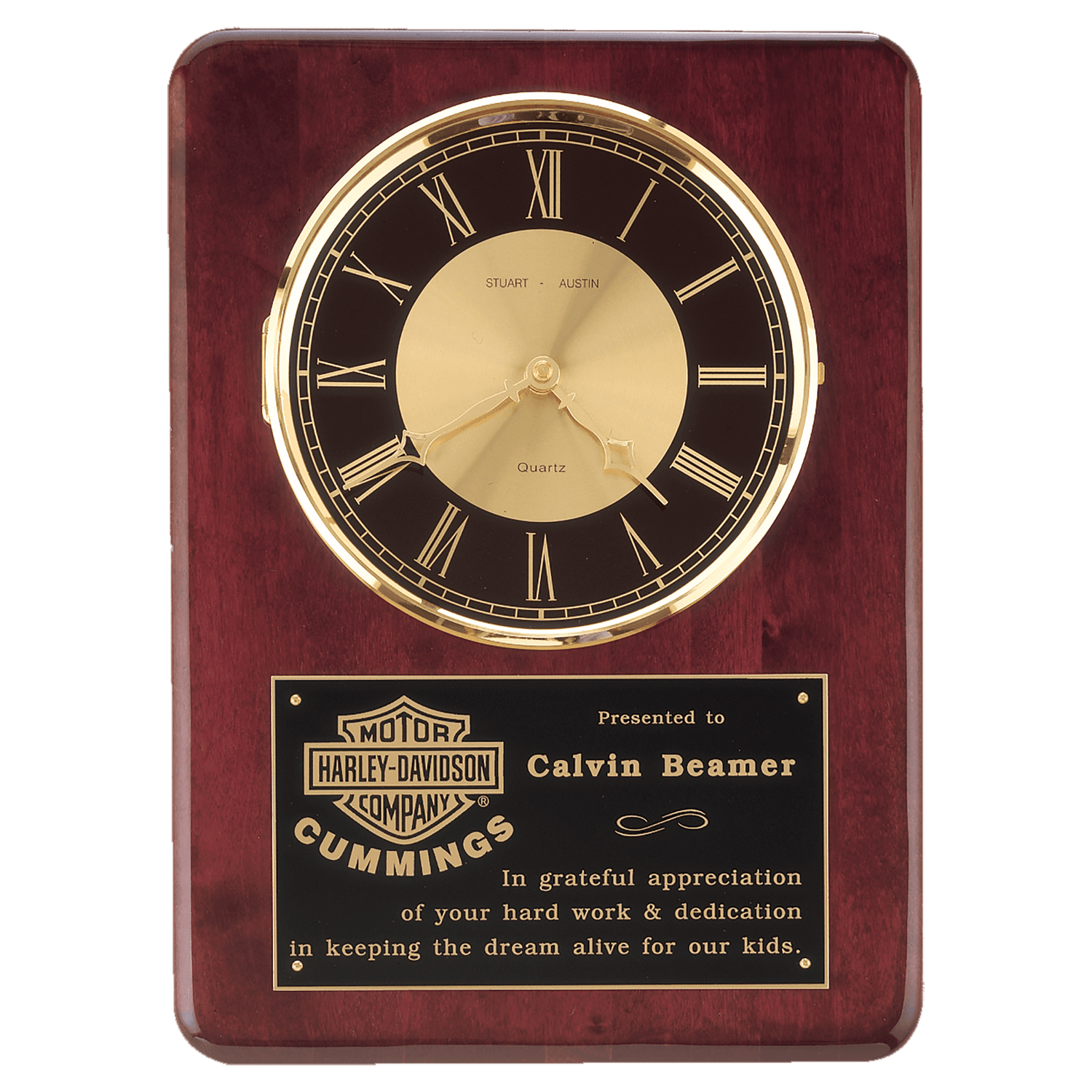 Rosewood Piano Finish Clock, Brass Bezel w/Glass Lens, Black/Gold Dial, Plate