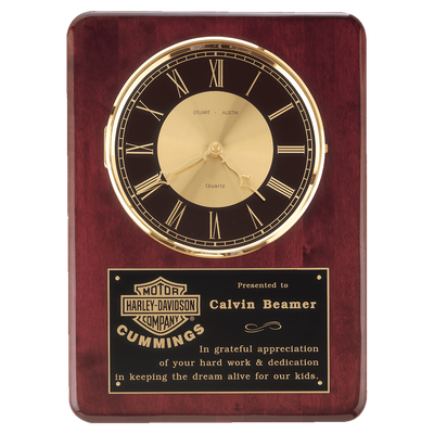 Rosewood Piano Finish Clock, Brass Bezel w/Glass Lens, Black/Gold Dial, Plate
