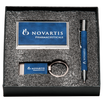 Blue Marbleized Leather Gift Set/Pen, Keychain, Business Card Holder