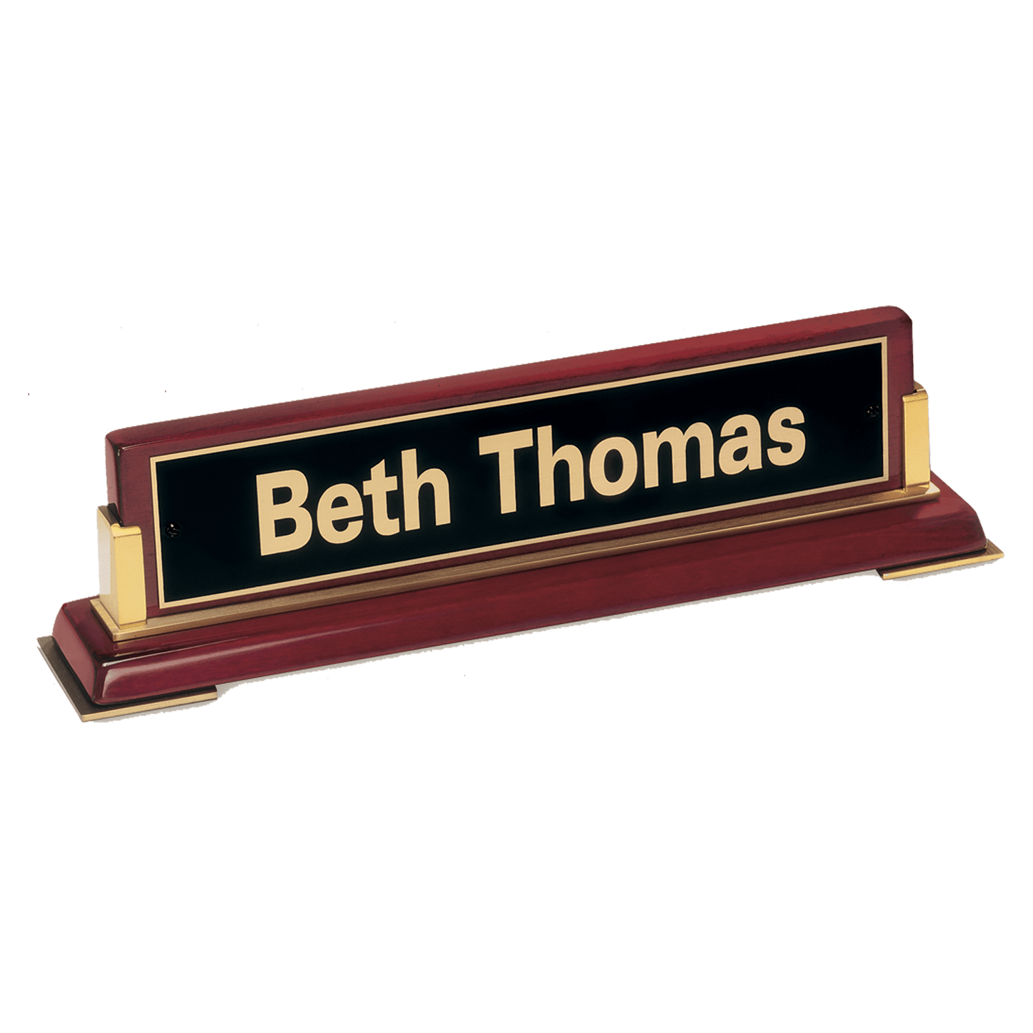 Rosewood Piano Finish Nameplate with Gold Metal Accents, Black Plate