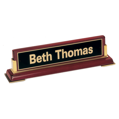 Rosewood Piano Finish Nameplate with Gold Metal Accents, Black Plate