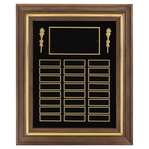 American Walnut 24 Plate Perpetual Plaque with Black Brass Plates/Gold Trim