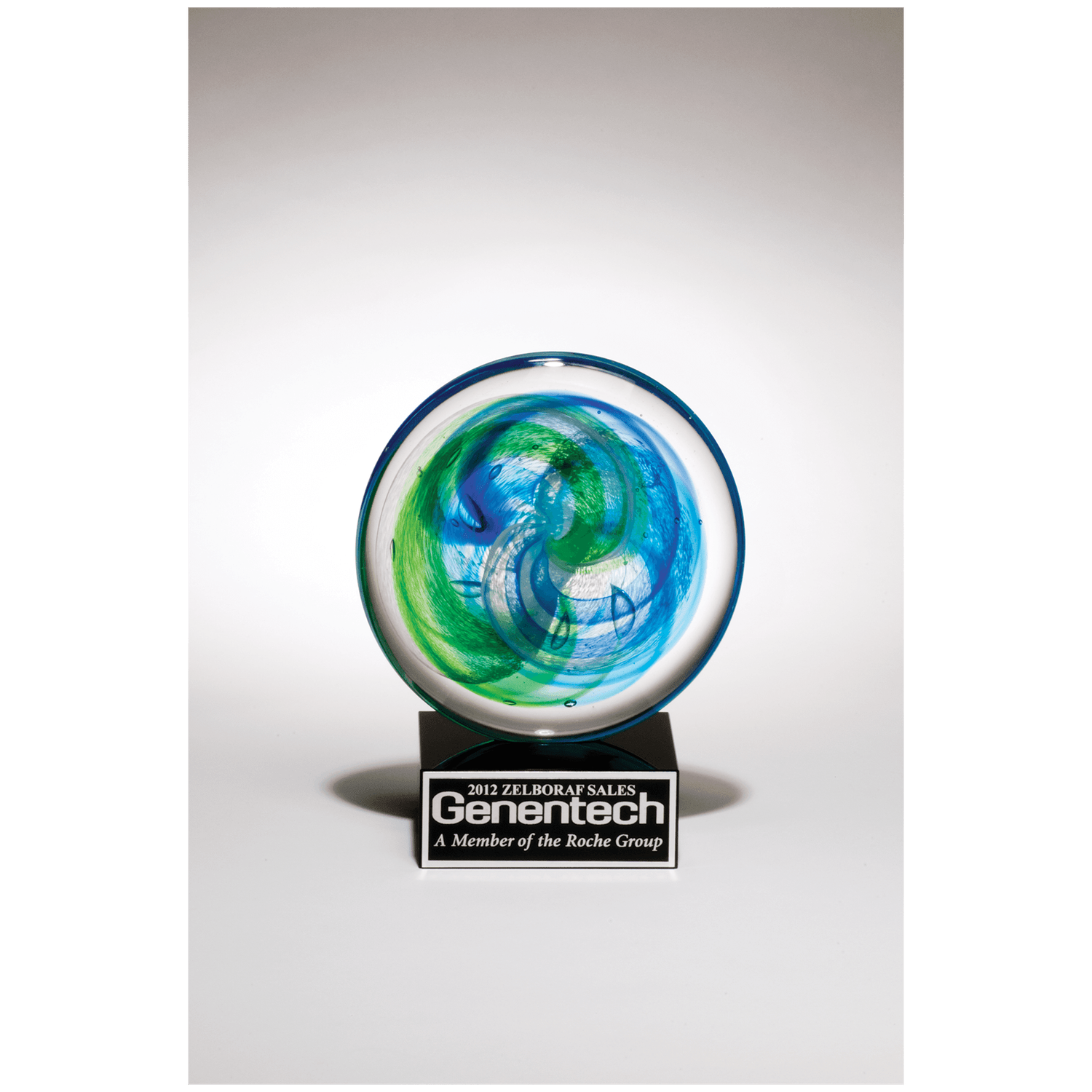 Disk Art Glass w/Blue and Ligh Green Accent and Black Laserable Aluminum Plate
