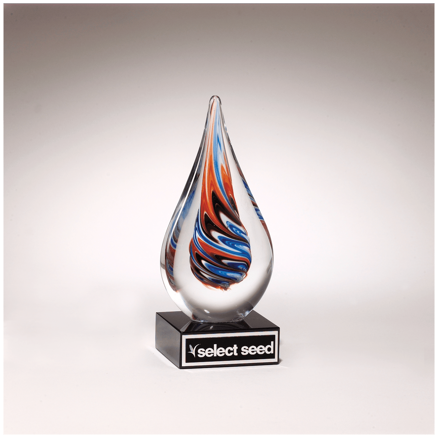 Teardrop Art Glass on Black Glass Base w/Black Laserable Aluminum Plate